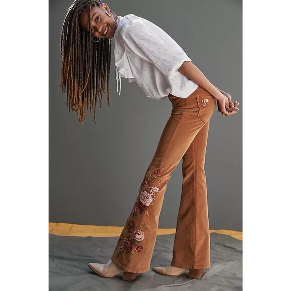 Driftwood Farrah Floral Embroidered Corduroy Flare Jeans Boho NEW Womens Size 24 - Picture 1 of 9